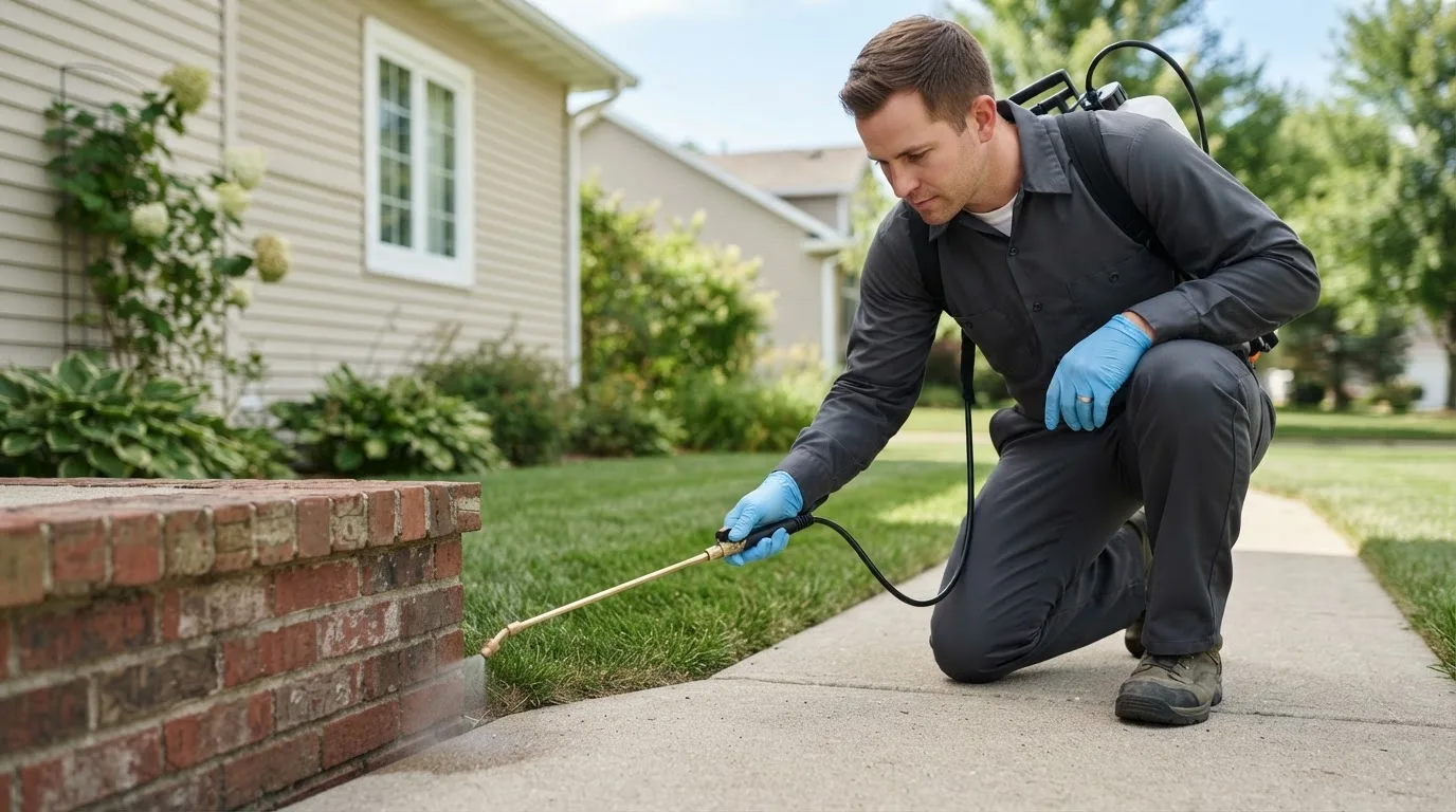 Pest control technician treating a home near Pembroke, MA